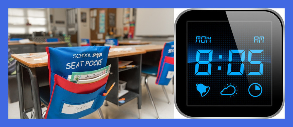 classroom desk and clock showing 8:05